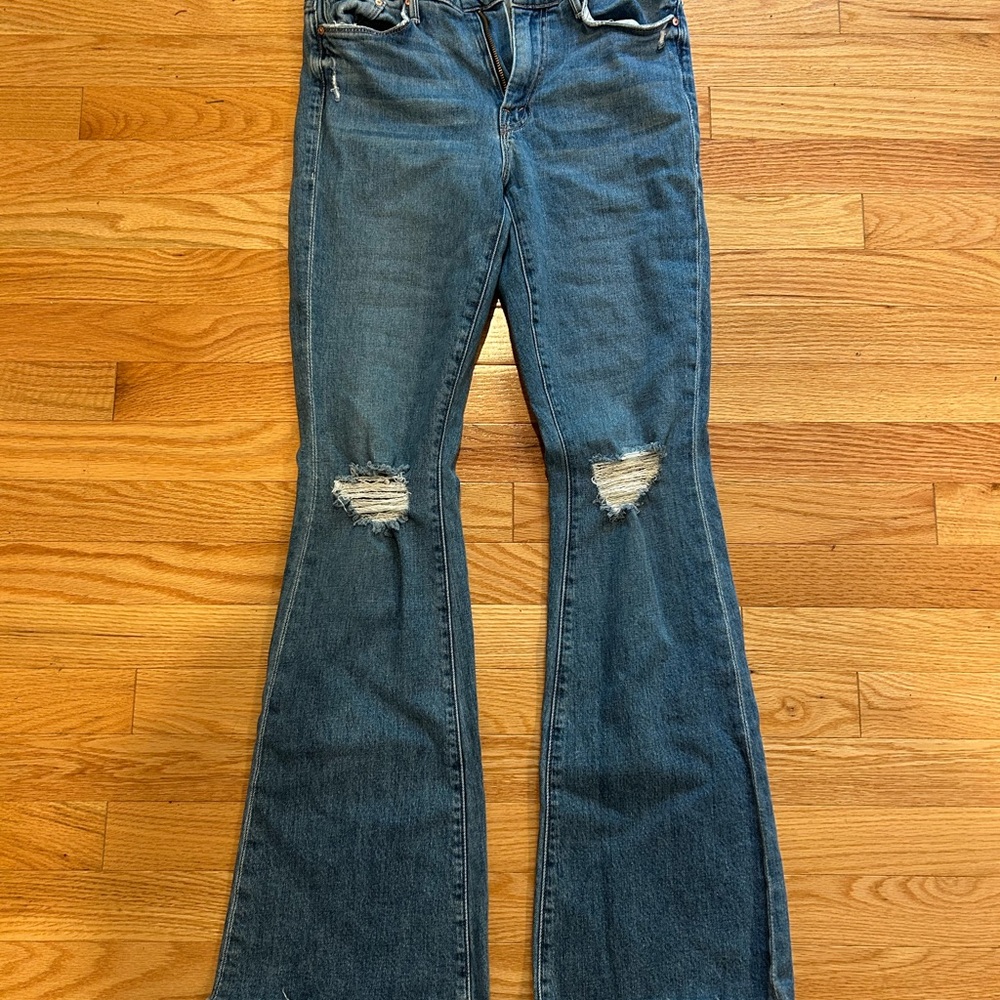 MOTHER Blue Flare Jeans with Distressed Knees